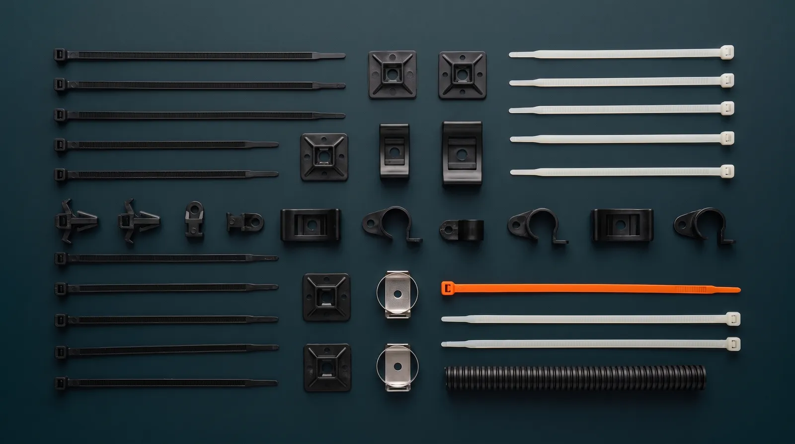 The full fixings range: cable ties, adhesive mounts, edge clips, P-clips, hose clamps and corrugated tube