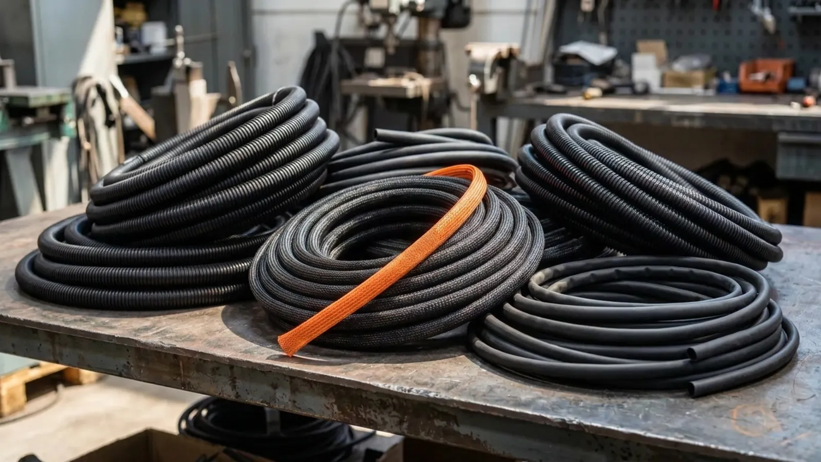 Coils of corrugated cable conduit with one orange split-loom sleeve