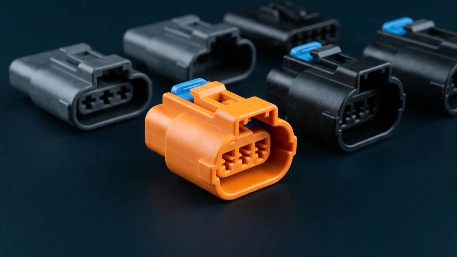 Orange sealed automotive connector housing in front of black and grey housings
