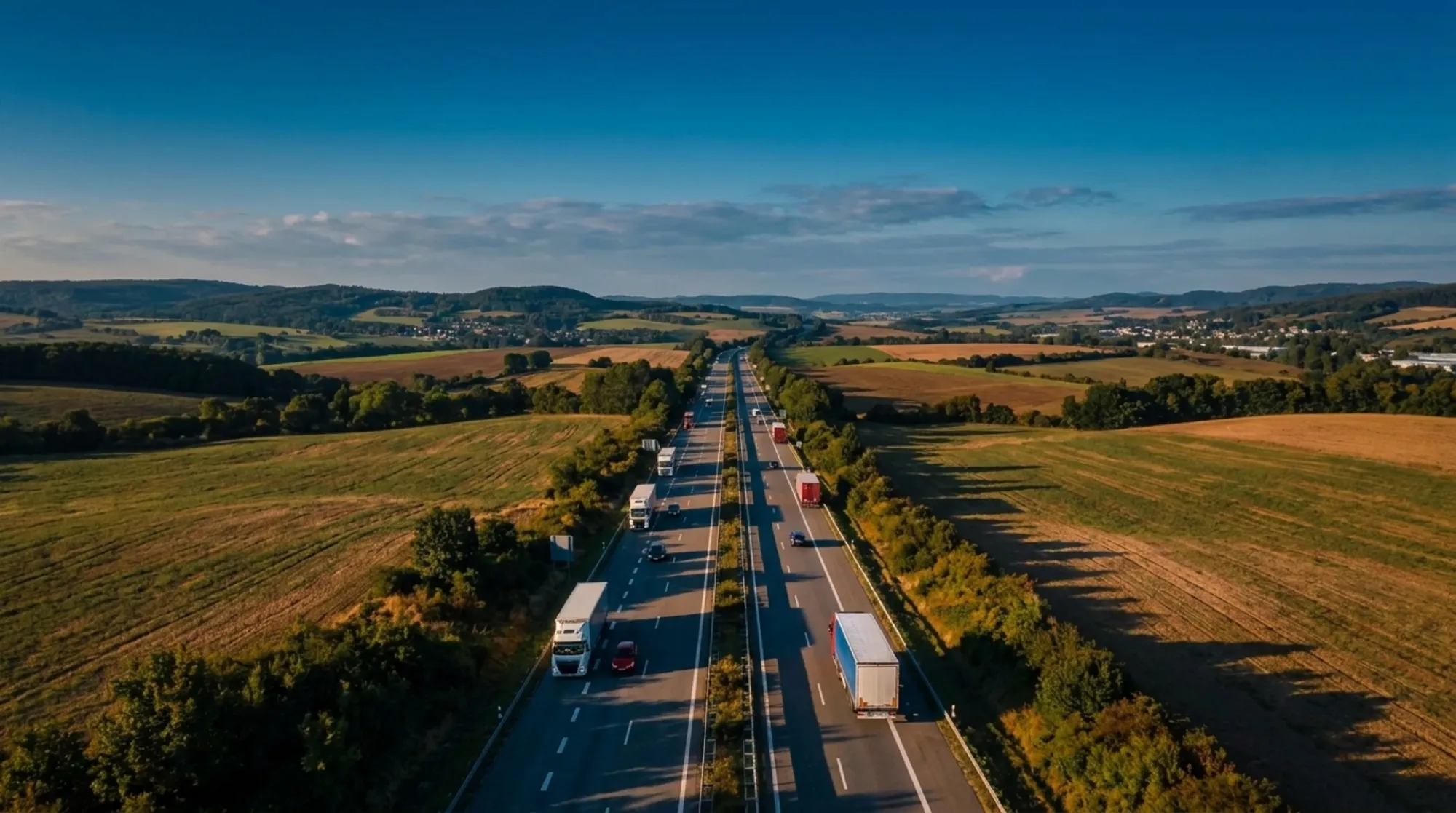 Aerial view of a motorway carrying freight traffic through farmland