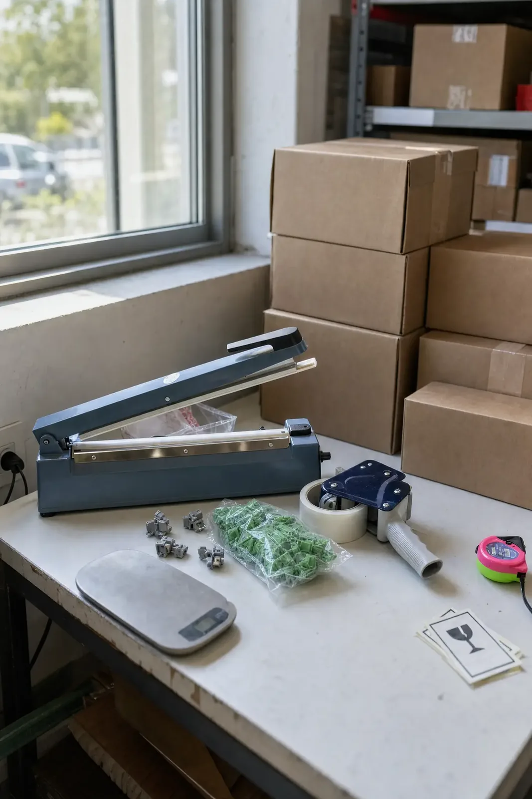Dispatch bench at the Sofia warehouse: heat sealer, tape gun, parcel scale and bagged connectors ready to pack