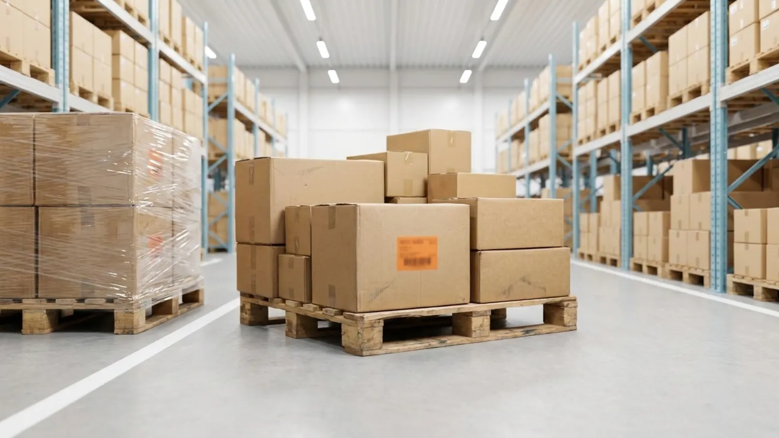 Surplus stock boxes stacked on pallets in a bright warehouse