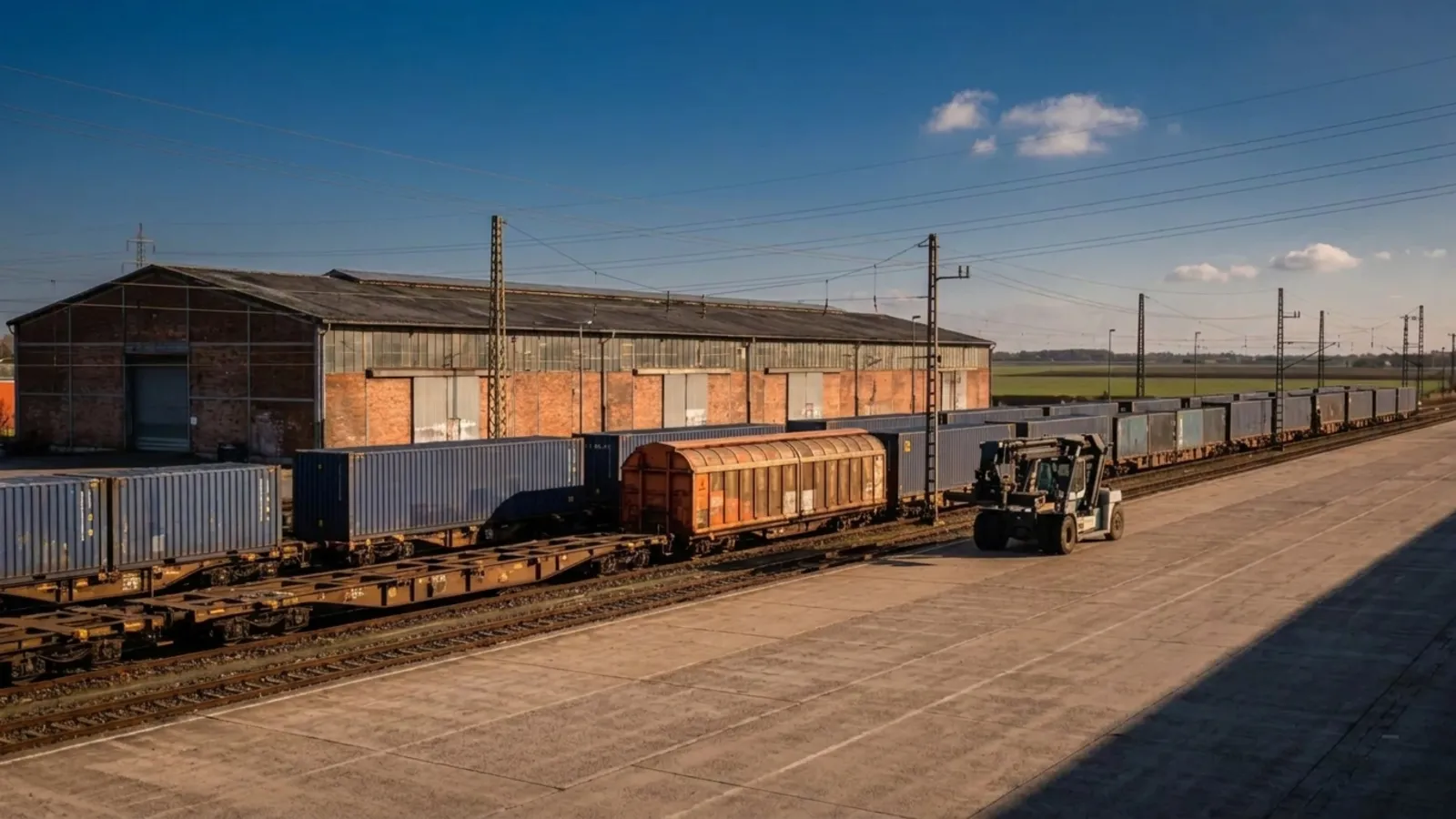European rail freight terminal at dusk beside an industrial building, one orange freight wagon in the rake