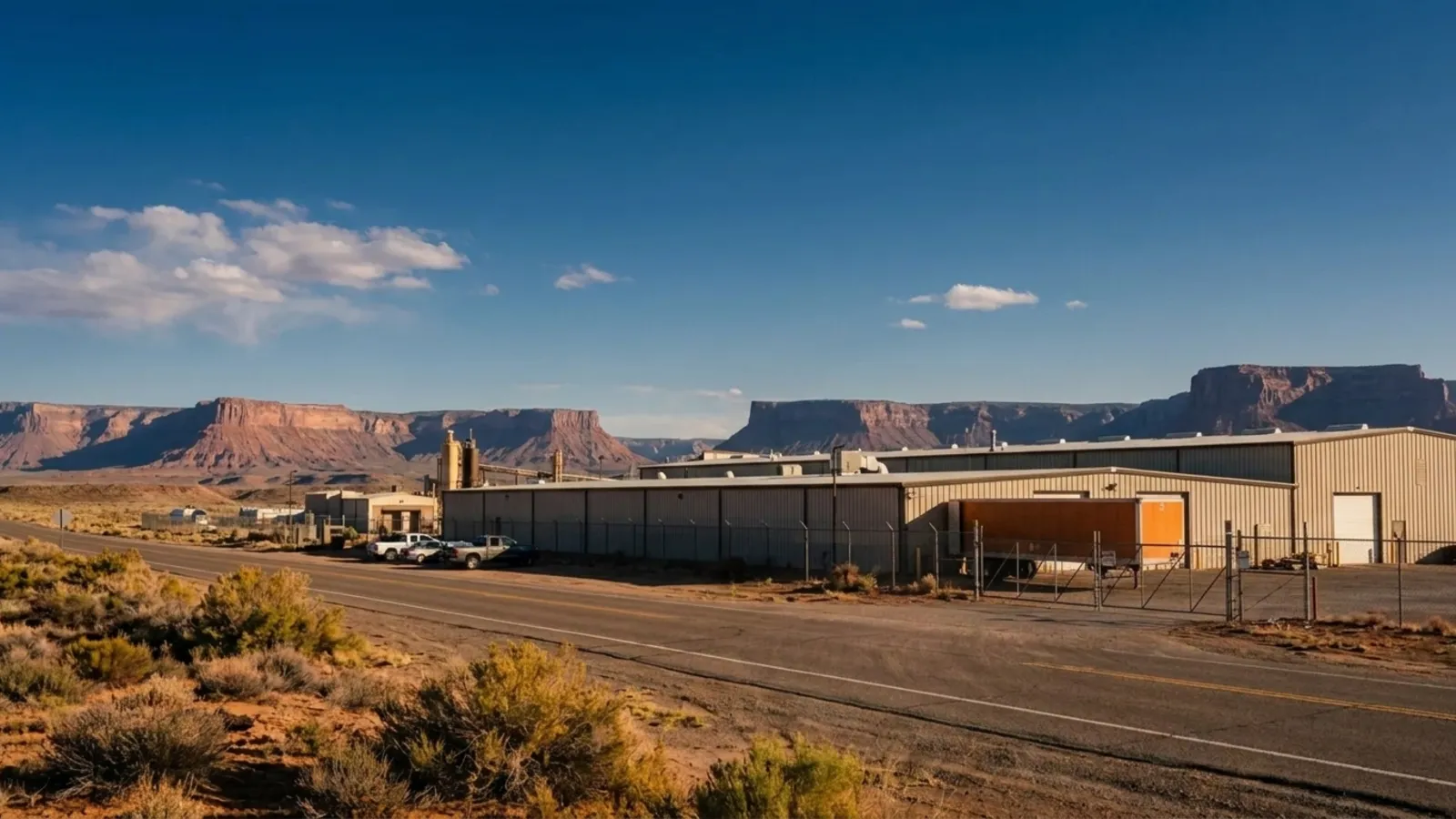 Desert industrial corridor at dusk with a long manufacturing plant and one orange semi trailer at the gate