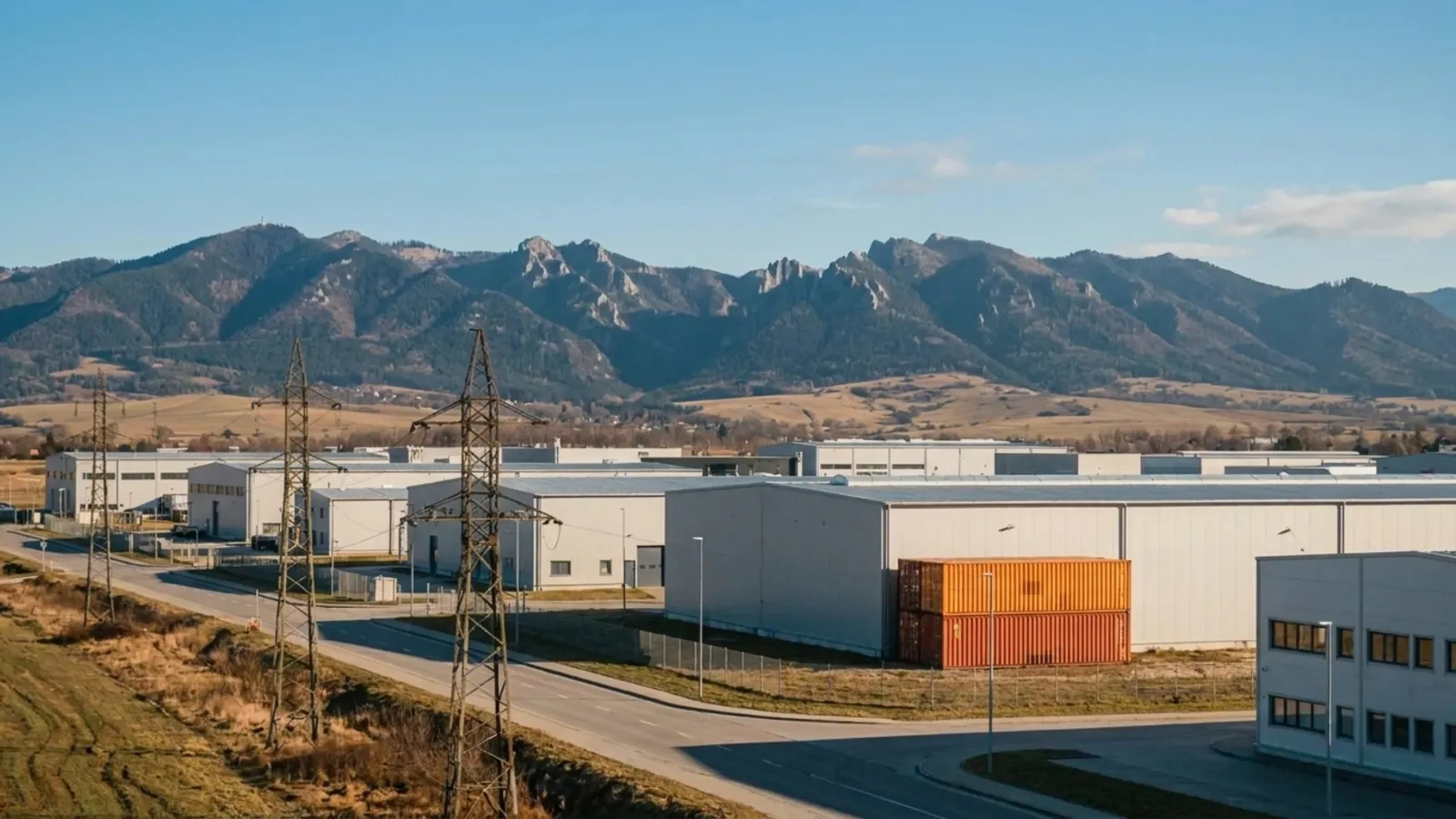 Industrial park on a plain at dusk with the Carpathian foothills behind and one orange shipping container