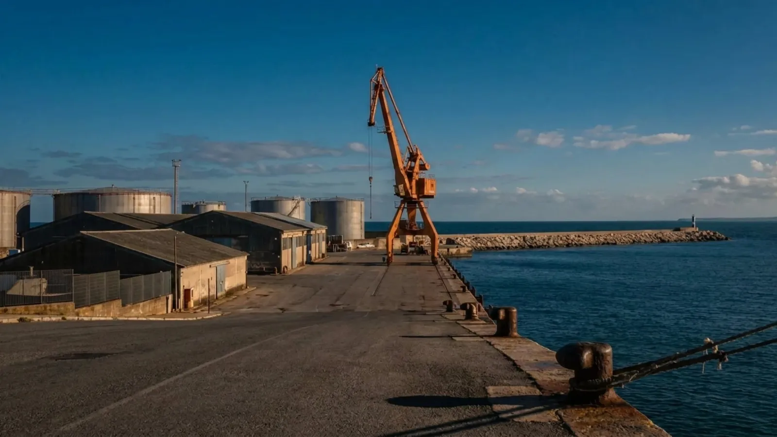 Mediterranean industrial port at dusk with a working quay and one orange harbour crane