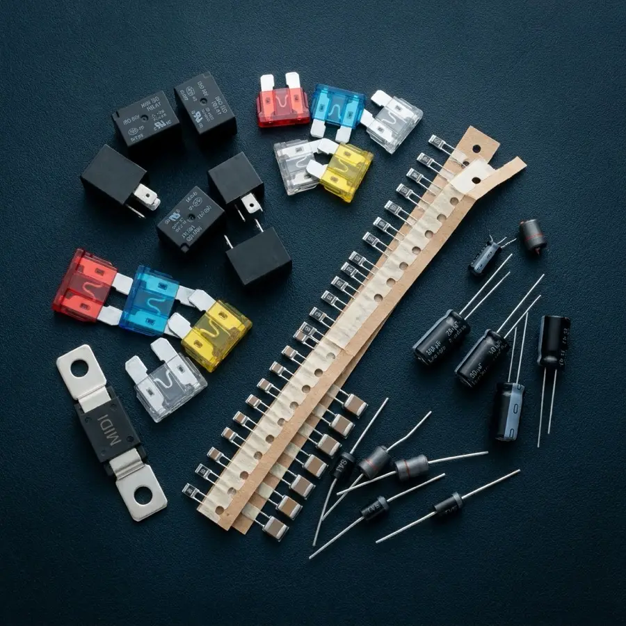 Automotive relays, blade and MIDI fuses, taped resistors and capacitors, electrolytic capacitors, TVS diodes and ferrite beads