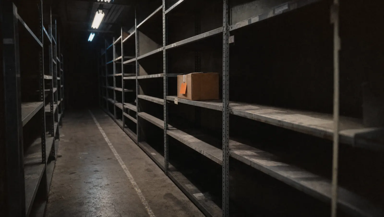 Near-empty warehouse shelving with a single remaining tagged box