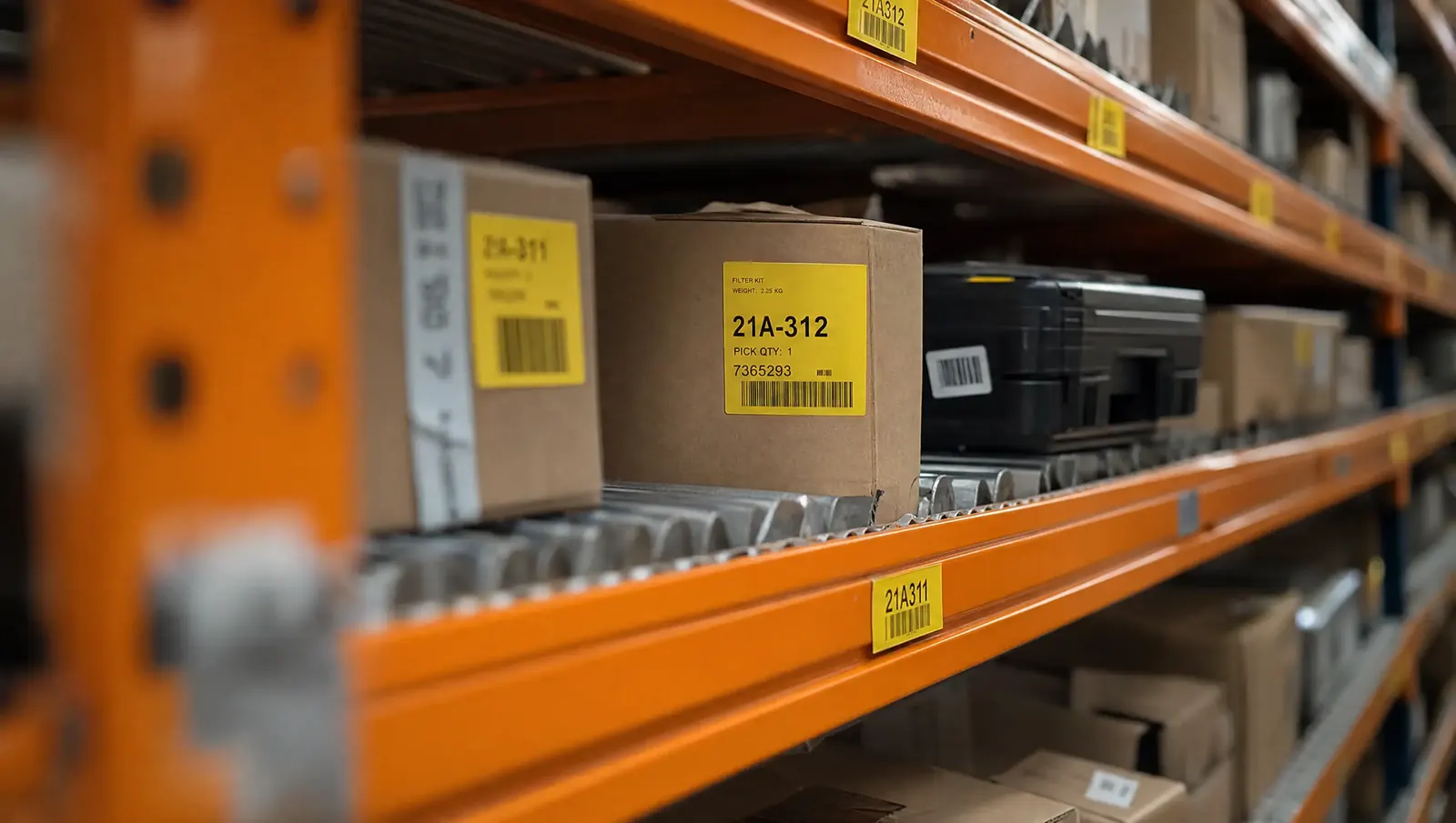 Storage bins on managed warehouse shelving