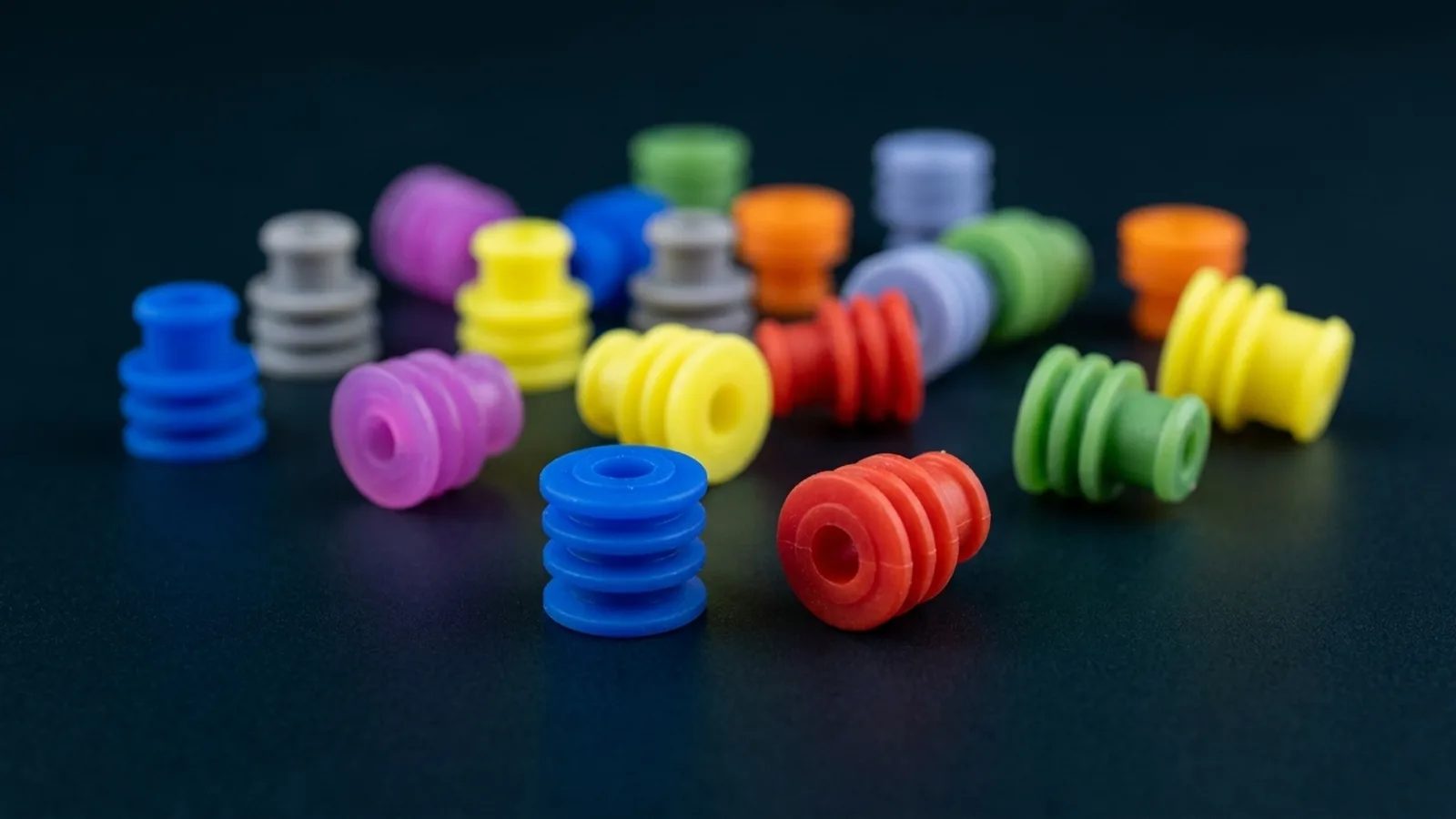 Assorted coloured single-wire silicone seals scattered on a dark surface